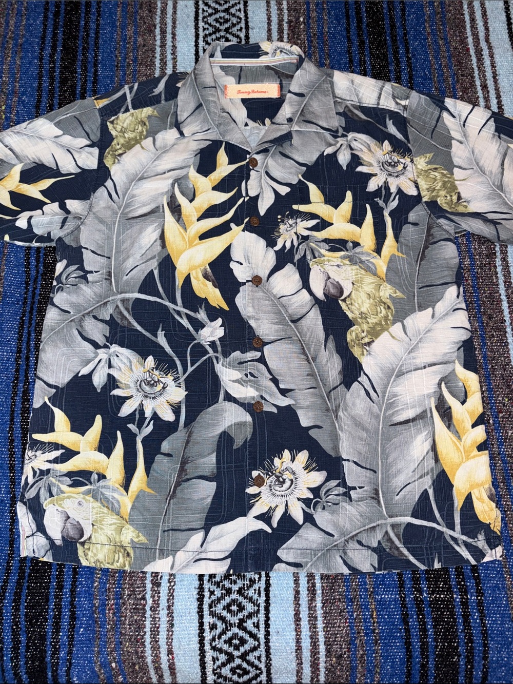 Tommy Bahama Floral Parrot Pattern Silk Hawaiian Shirt